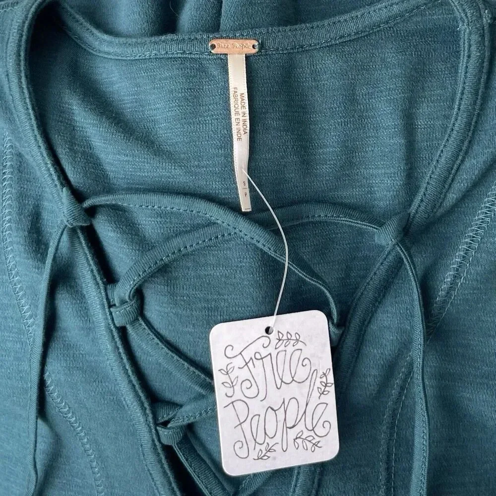 Free People Top Lucky Lace Up Layering Henley Blouse Small Teal